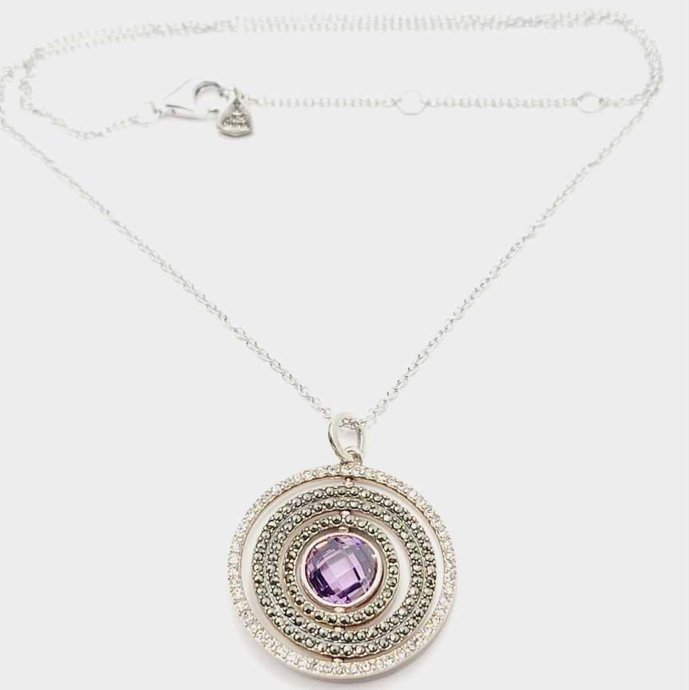 Judith Jack Vintage Sterling Malachite Amethyst Movable Sphere Necklace 18in